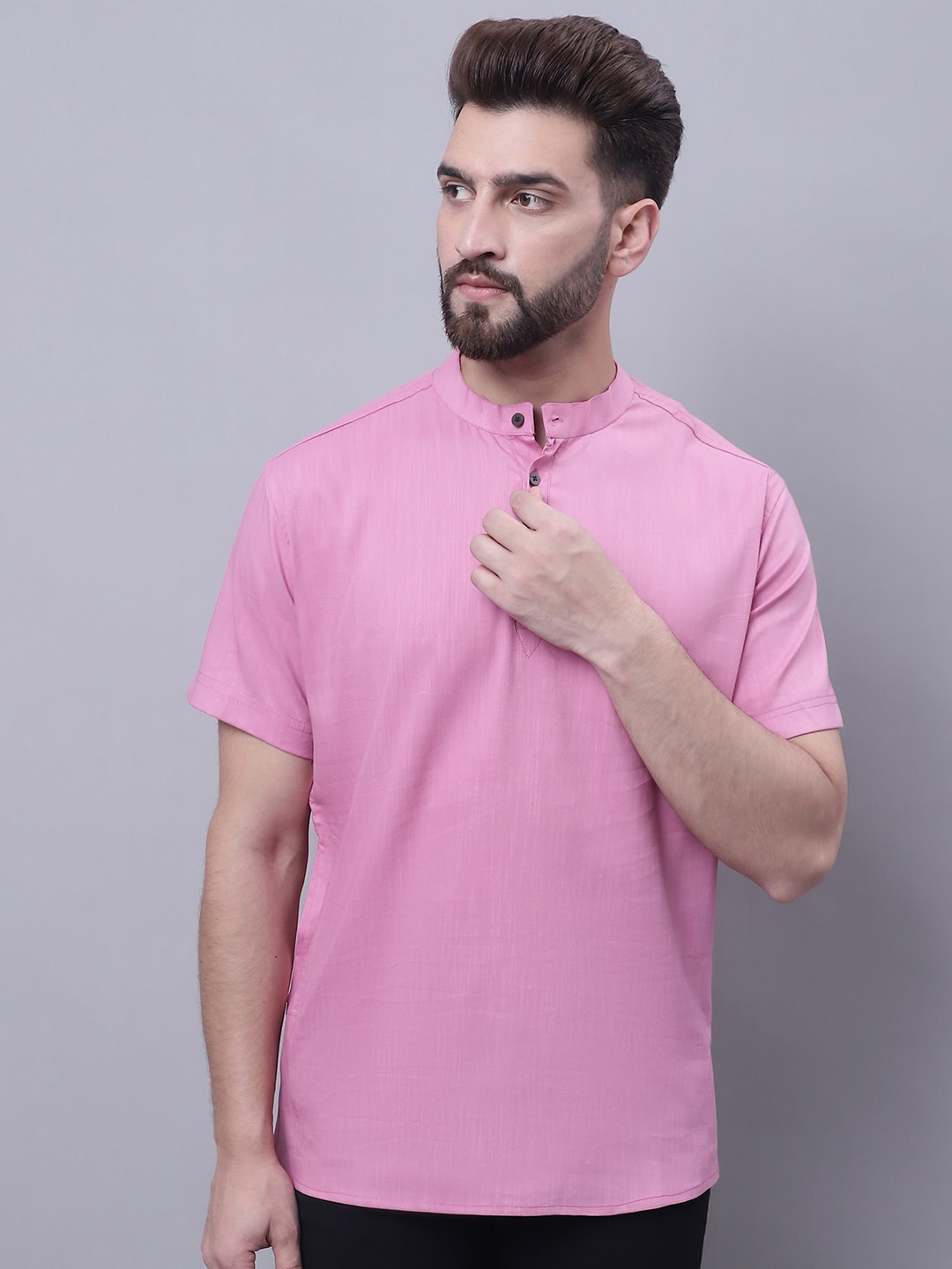 

even Band Collar Pure Cotton Dobby Short Kurta, Pink