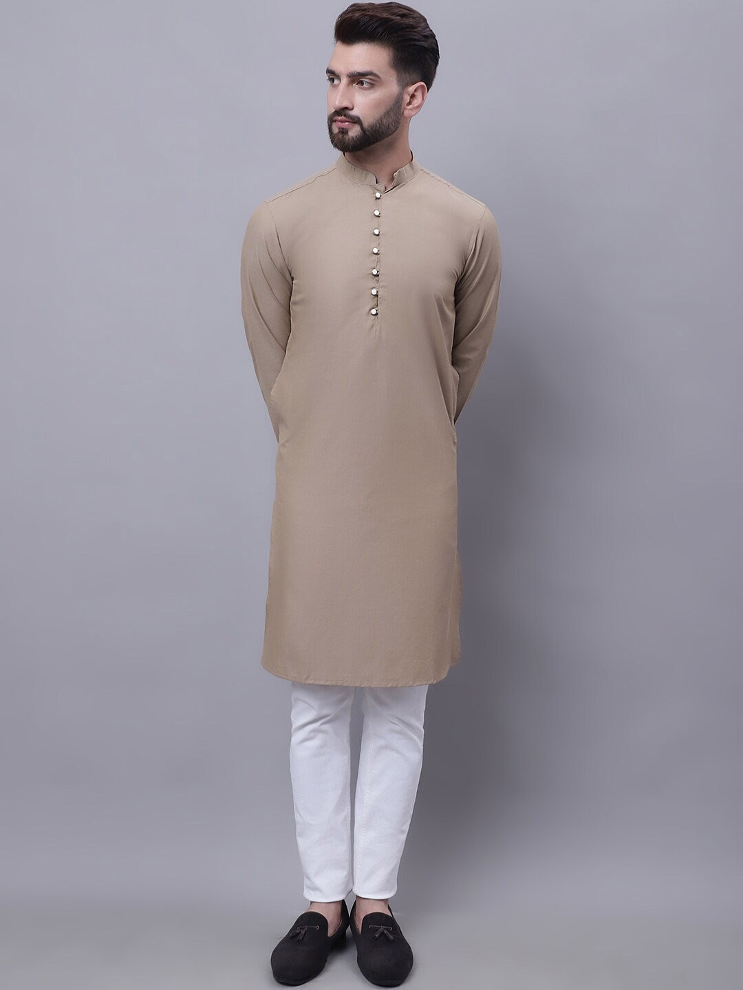 

even Woven Design Band Collar Pure Cotton Dobby Kurta, Beige