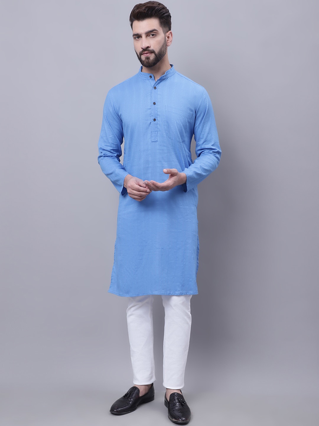 

even Woven Design Band Collar Pure Cotton Dobby Kurta, Blue