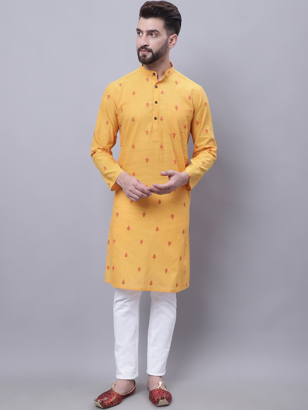 

even Geometric Woven Design Band Collar Pure Cotton Dobby Kurta, Yellow