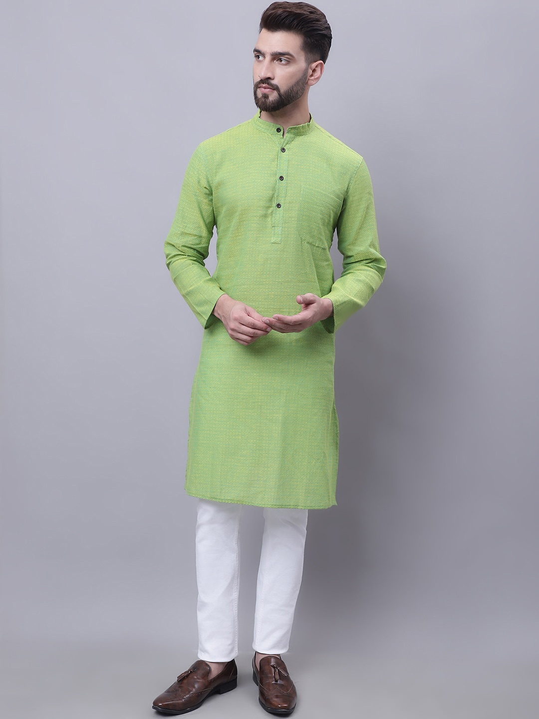 

even Woven Design Band Collar Pure Cotton Kurta, Green