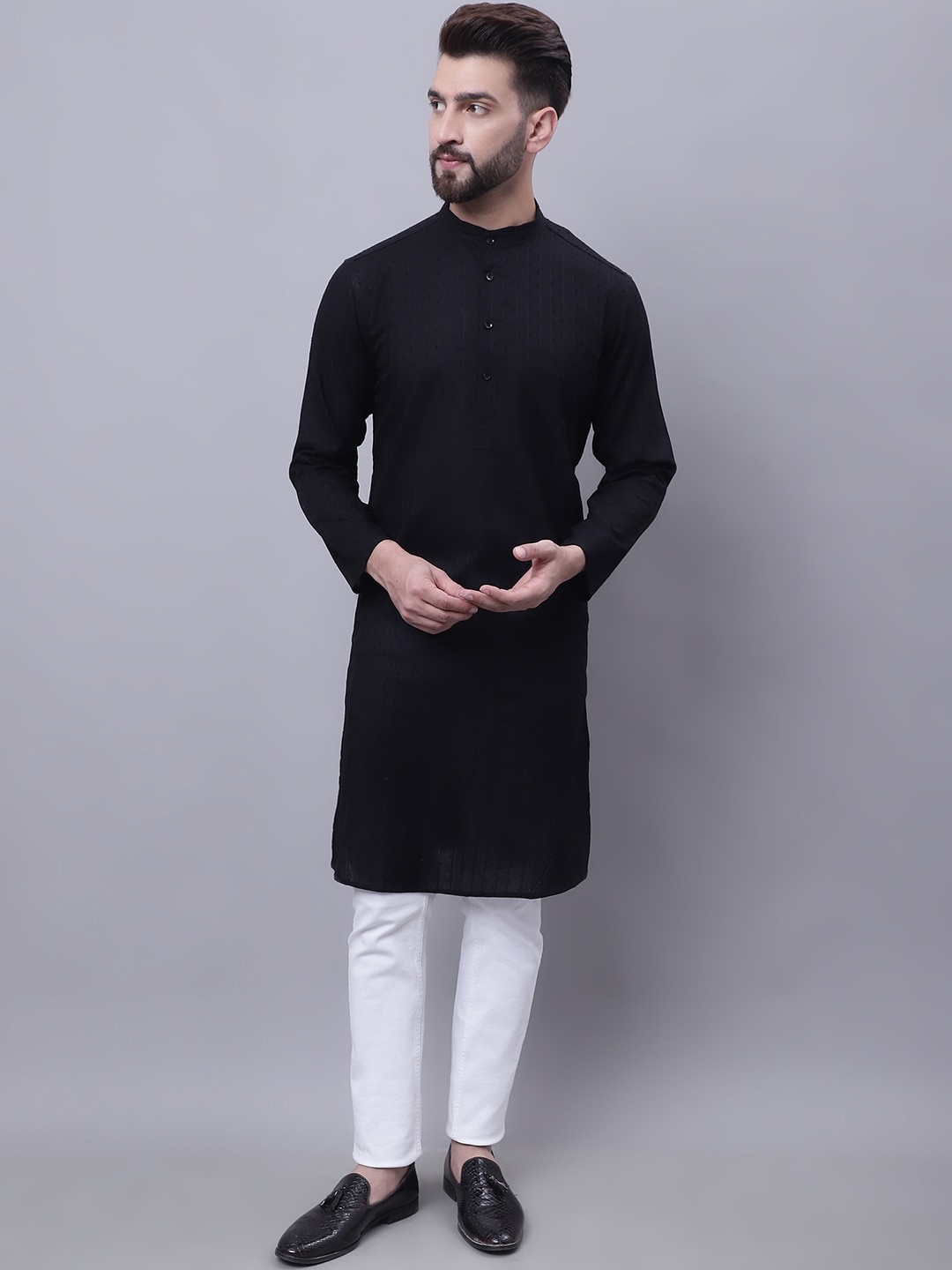 

even Woven Design Band Collar Pure Cotton Kurta, Black