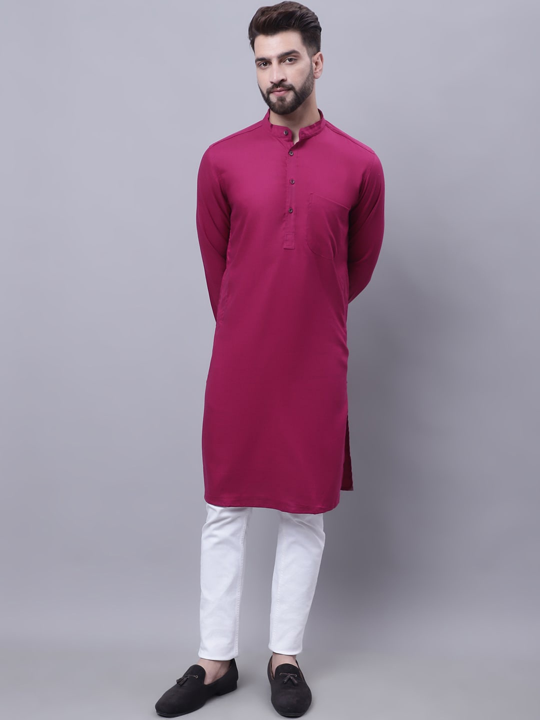 

even Band Collar Pure Cotton Kurta, Pink