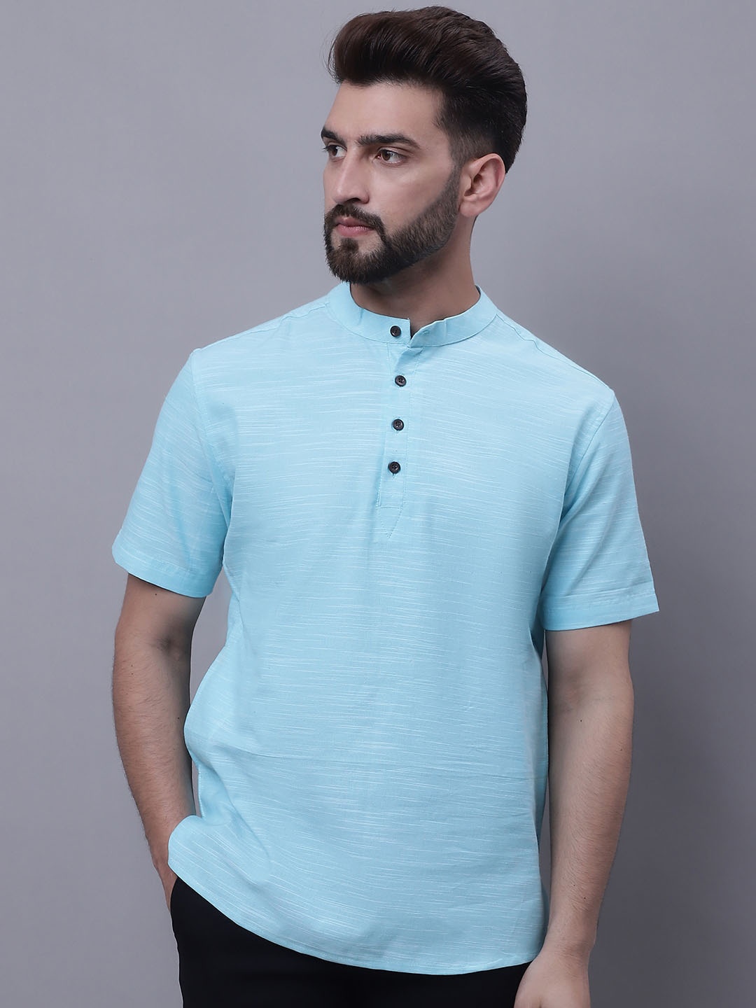 

even Band Collar Pure Cotton Kurta, Blue