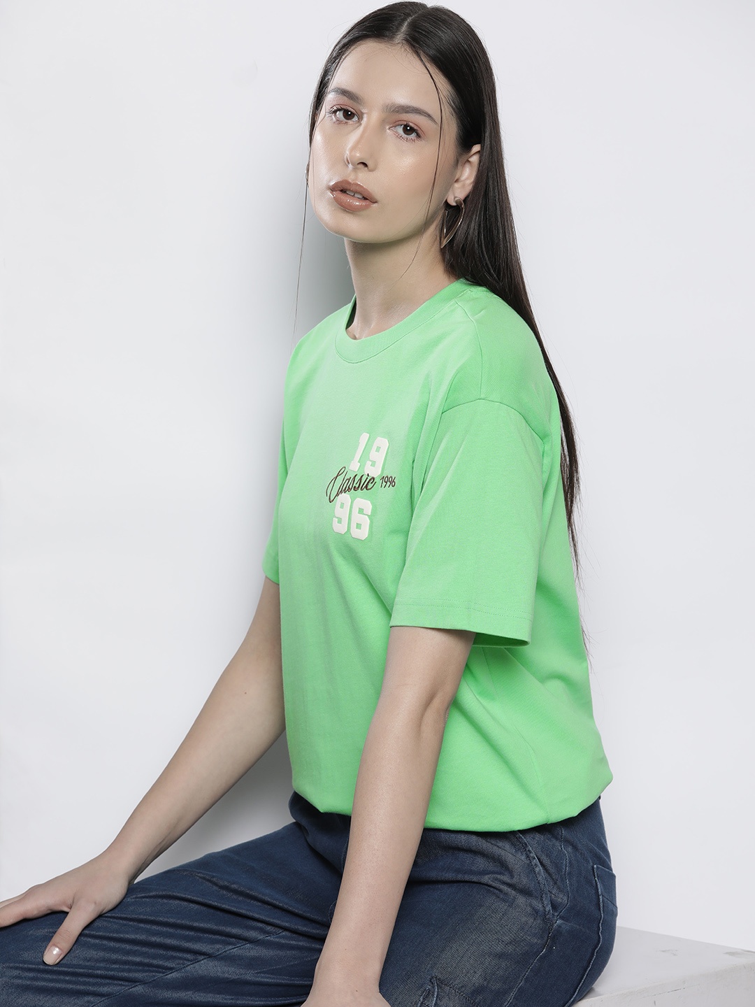 

SEMIR Drop-Shoulder Sleeves Pure Cotton Applique Relaxed T-shirt, Green