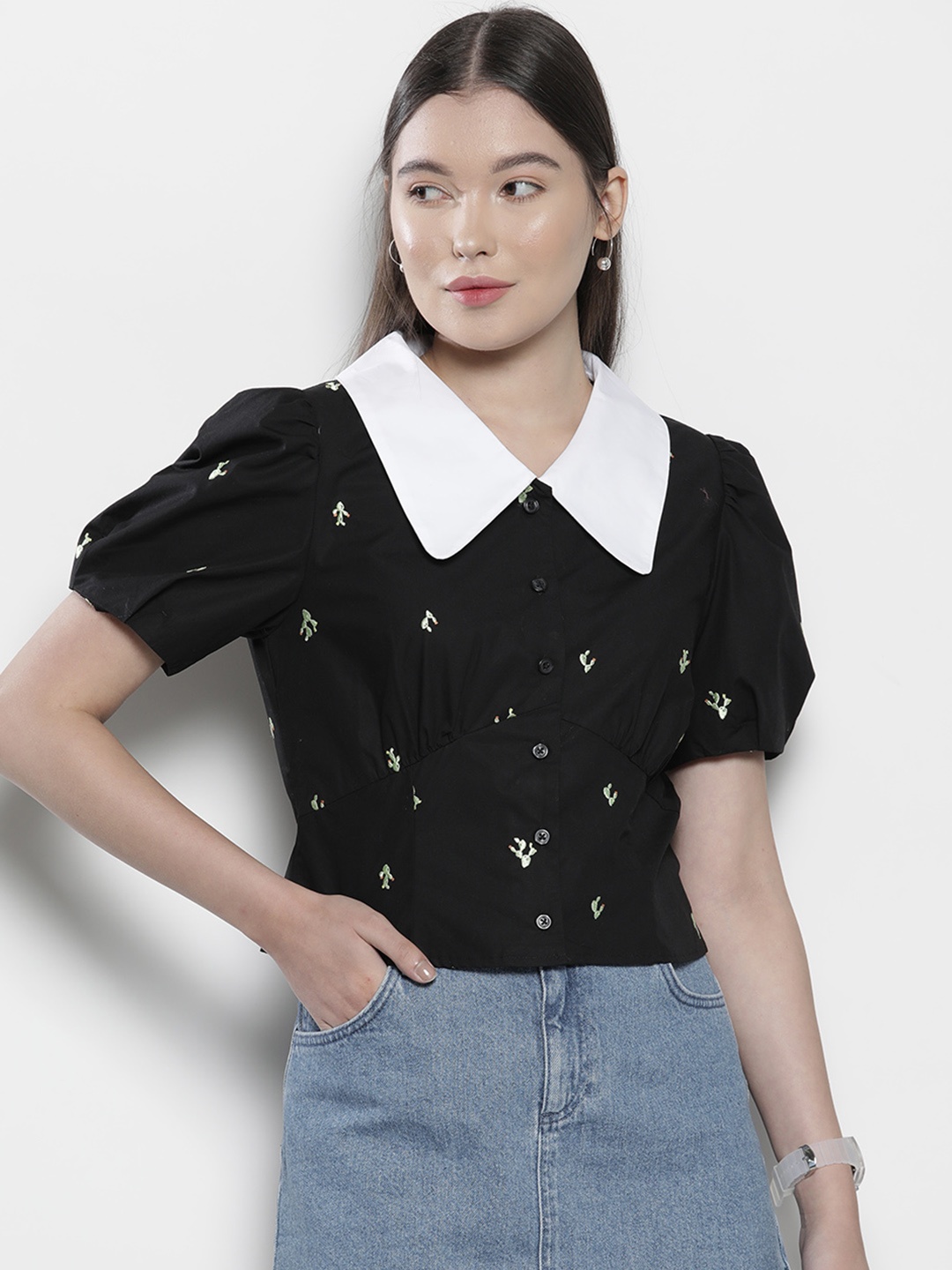 

SEMIR Women Black Floral Opaque Faded Casual Shirt