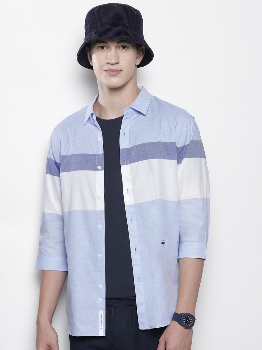 

SEMIR Men Striped Pure Cotton Casual Shirt, Blue