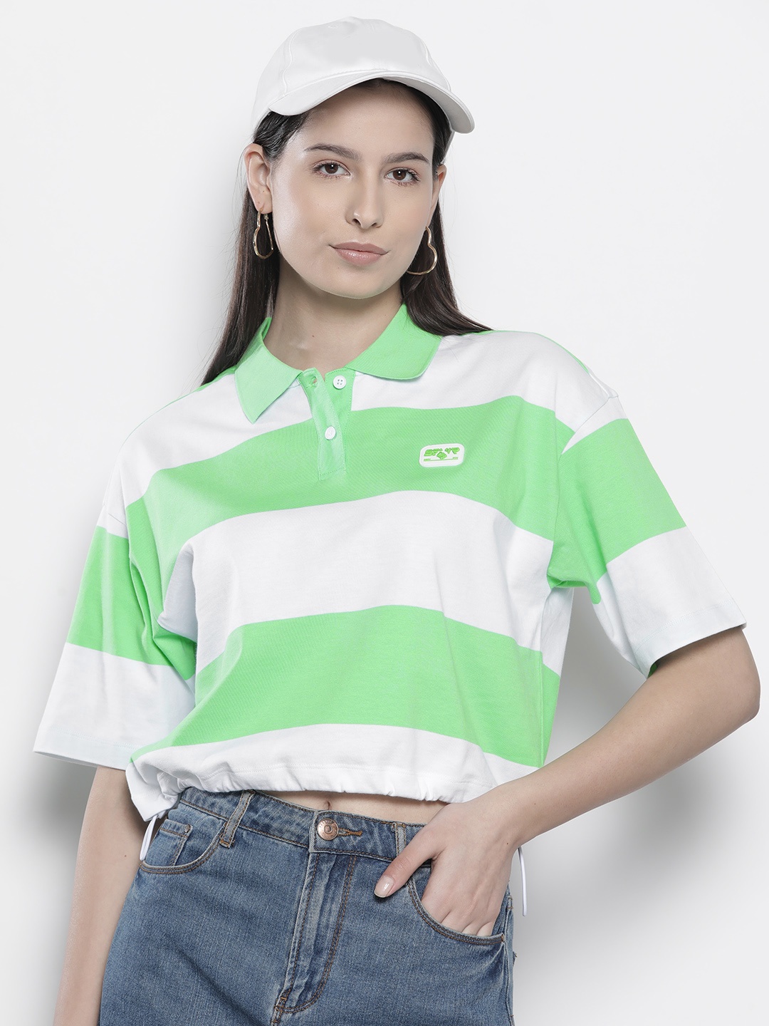 

SEMIR Women Striped Polo Collar Relaxed Pure Cotton T-shirt, White