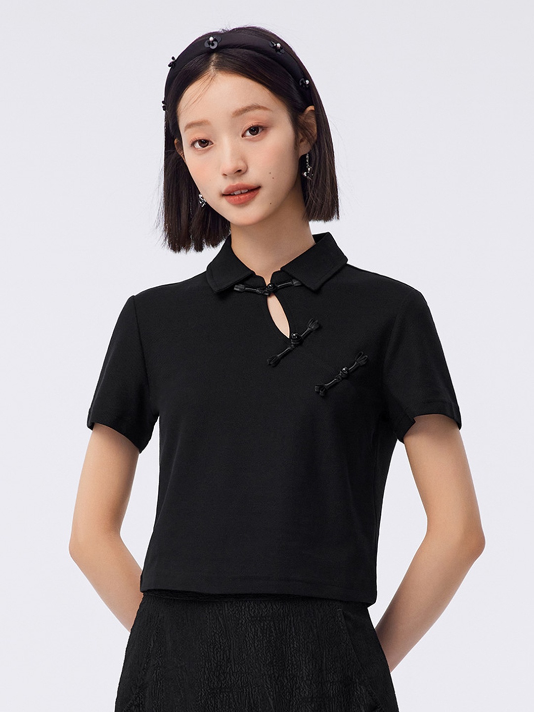 

SEMIR Women Polo Collar Slim Fit T-shirt, Black