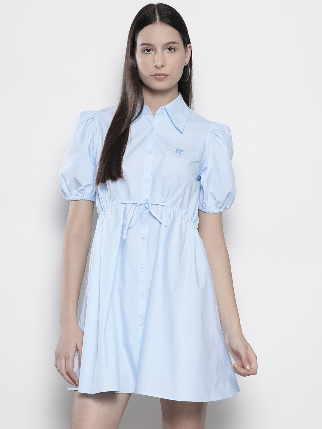 

SEMIR Pure Cotton Puff Sleeves Shirt Style A-Line Mini Dress, Blue