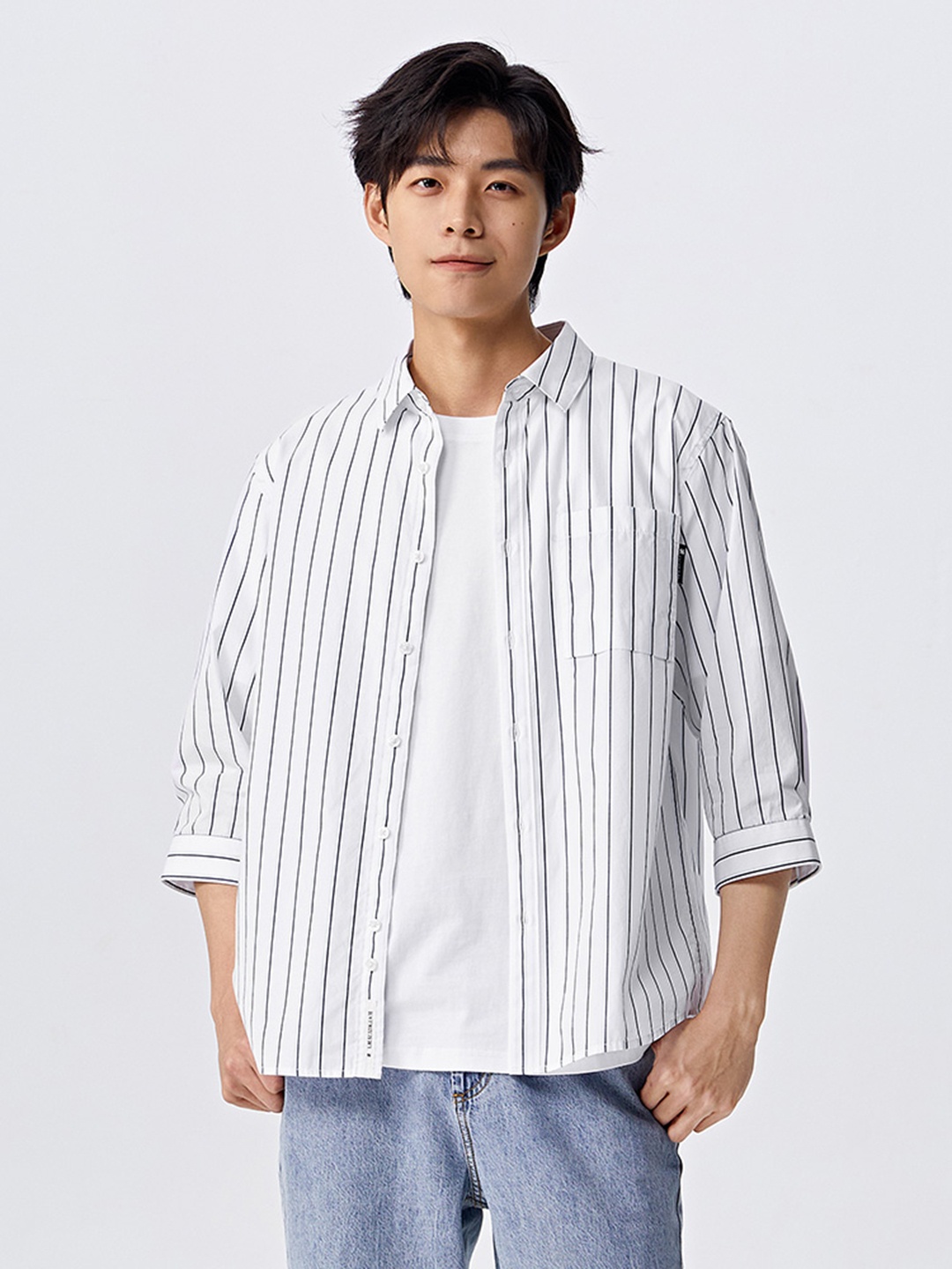 

SEMIR Men Pure Cotton Striped Casual Shirt, White