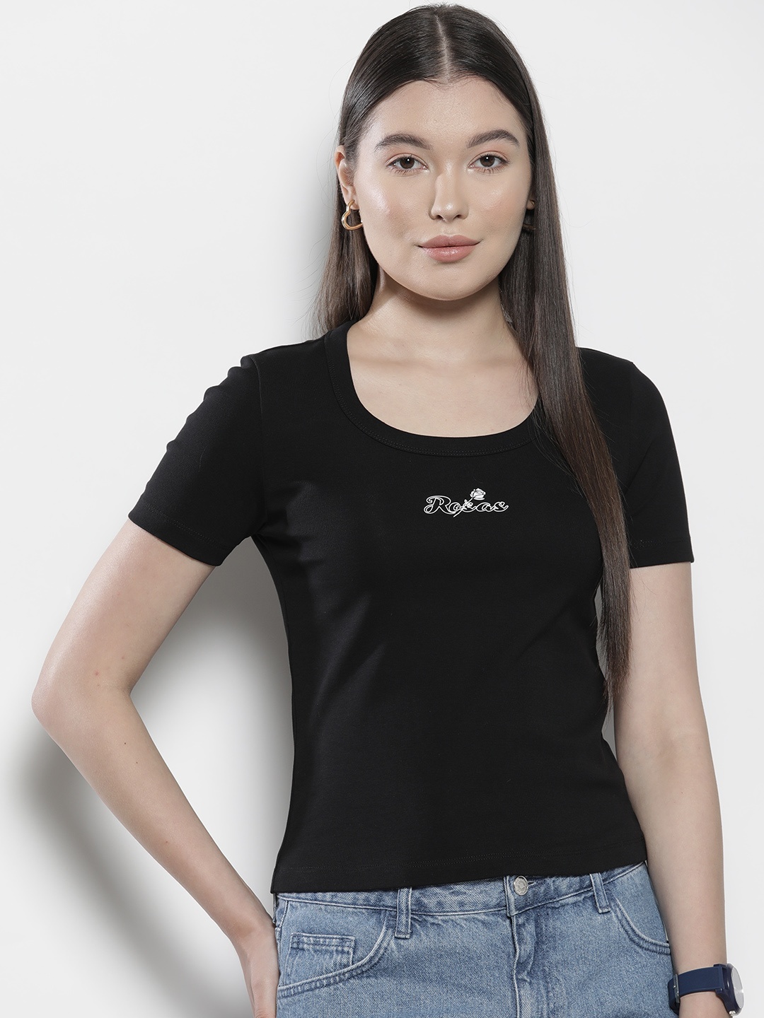 

SEMIR Women Printed Detail Slim Fit T-shirt, Black