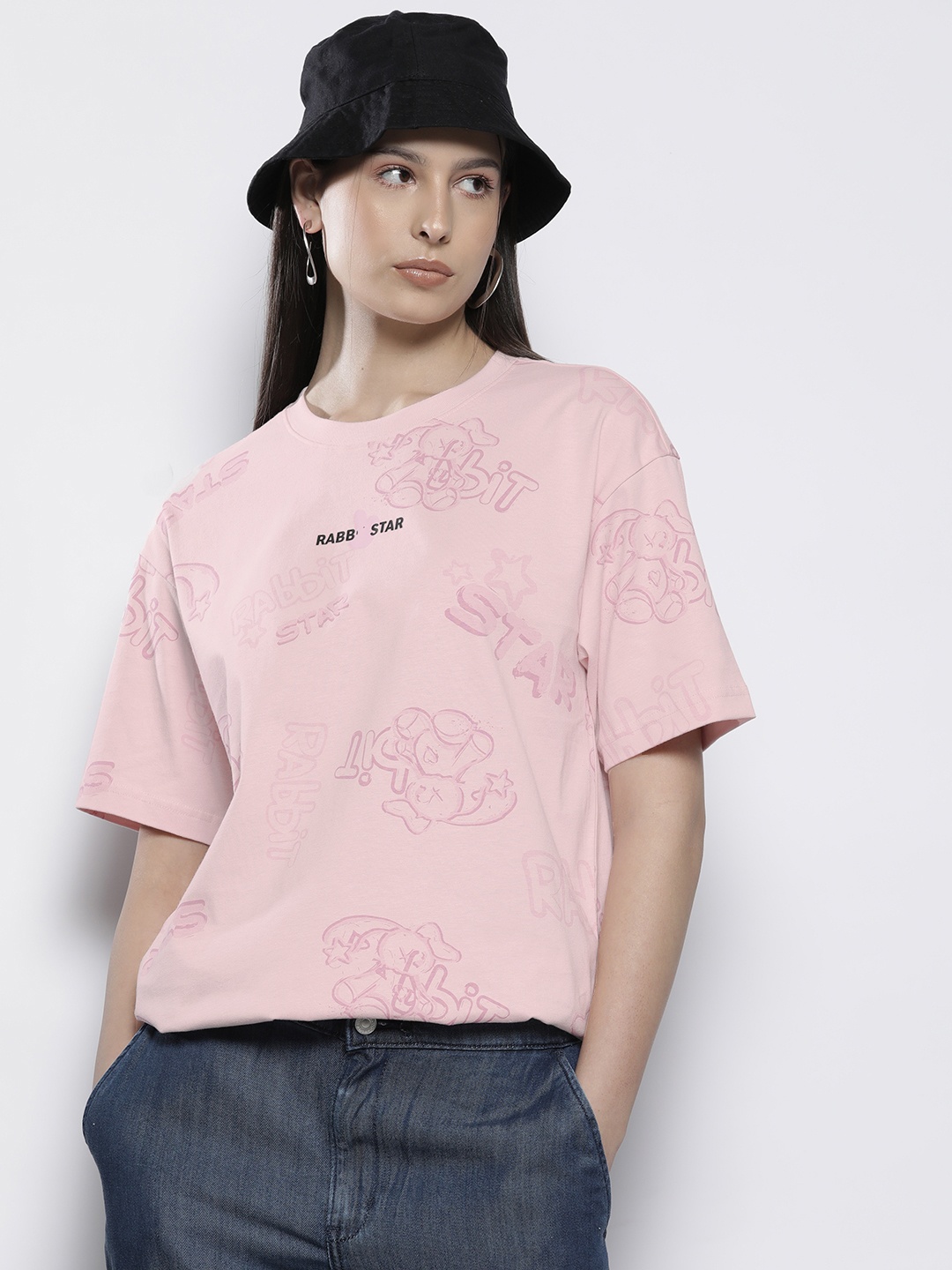 

SEMIR Printed Drop-Shoulder Sleeves Pure Cotton Relaxed T-shirt, Pink