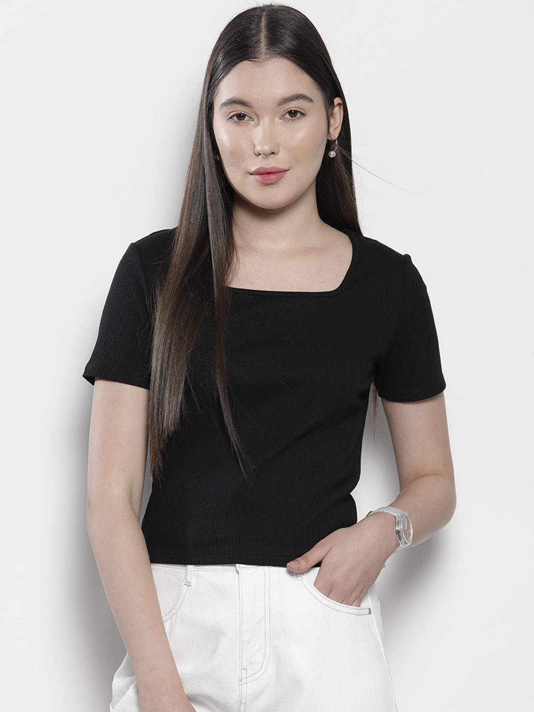 

SEMIR Ribbed Square Neck Top, Black