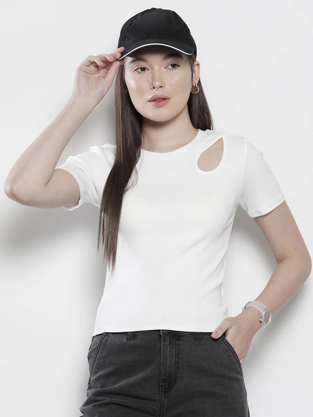 

SEMIR Ribbed Cut-Out Detail Fitted Top, White