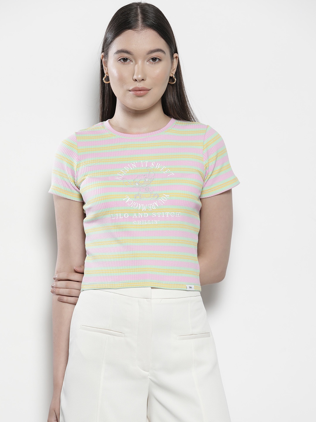 

SEMIR Women Embroidered Detail Striped Slim Fit T-shirt, Pink