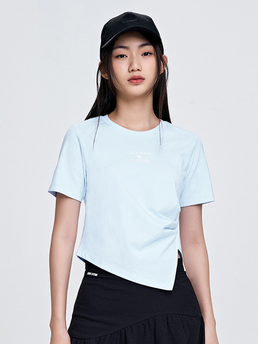 

SEMIR Pure Cotton Pleated Detail Asymmetric Hem T-shirt, Blue