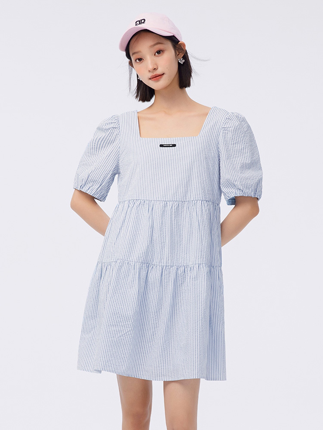 

SEMIR Striped Pure Cotton A-Line Tiered Dress, Blue