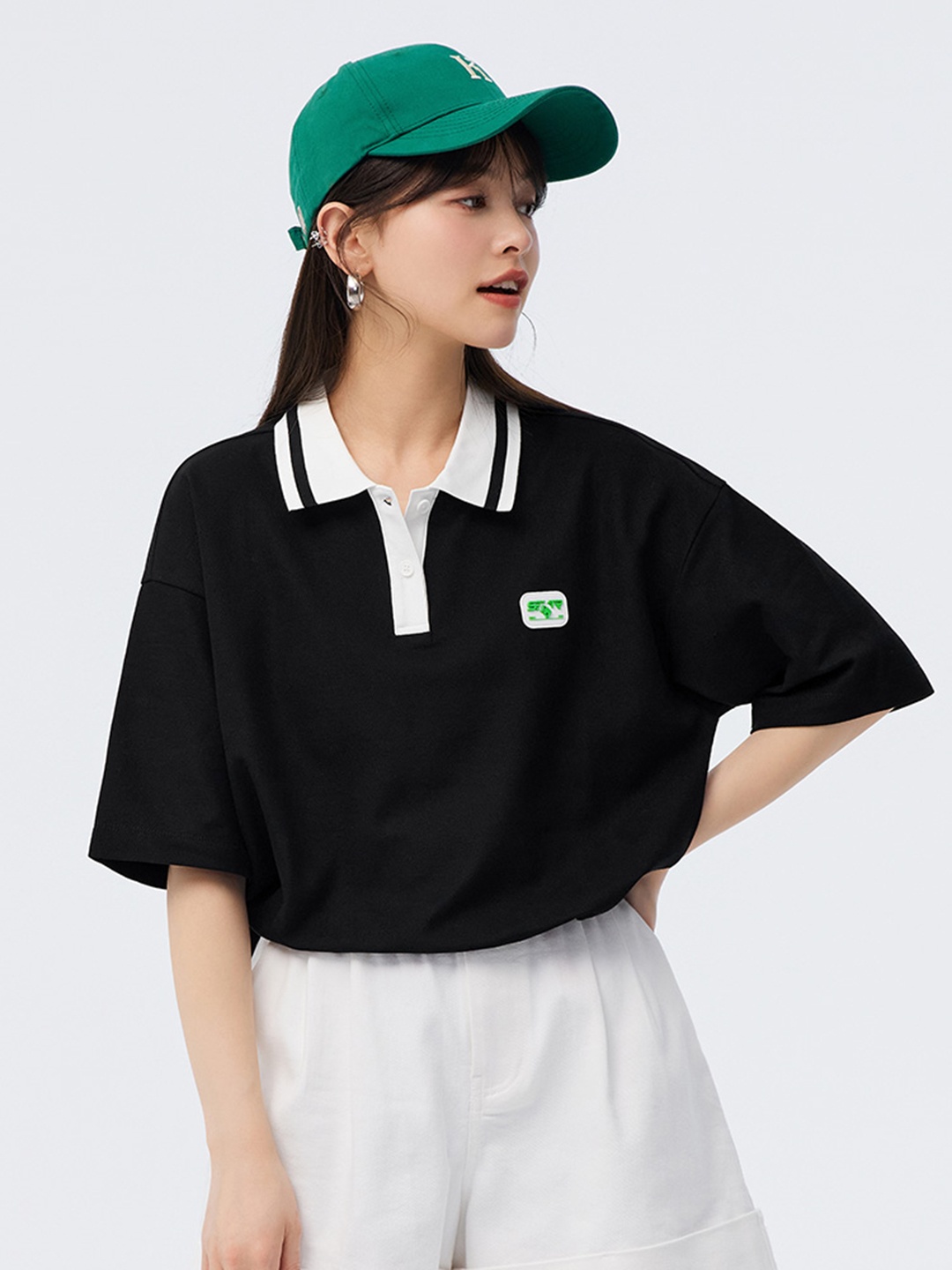 

SEMIR Polo Collar Drop-Shoulder Sleeves Relaxed Fit T-shirt, Black