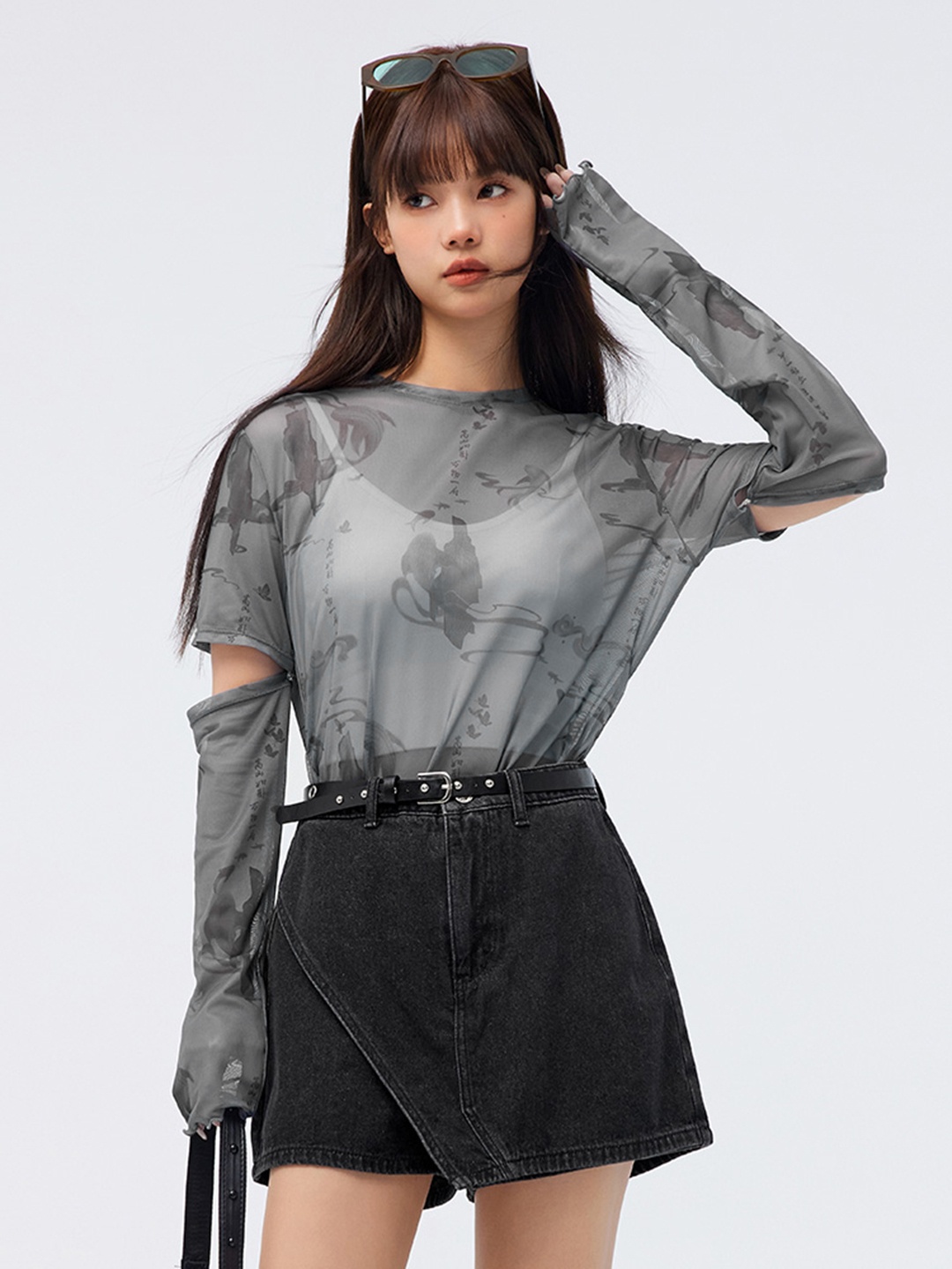 

SEMIR Abstract Printed Cut Outs Detailed Semi-Sheer T-shirt, Charcoal