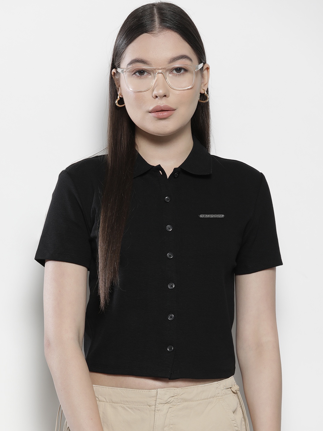 

SEMIR Women Stretchable Cropped Casual Shirt, Black