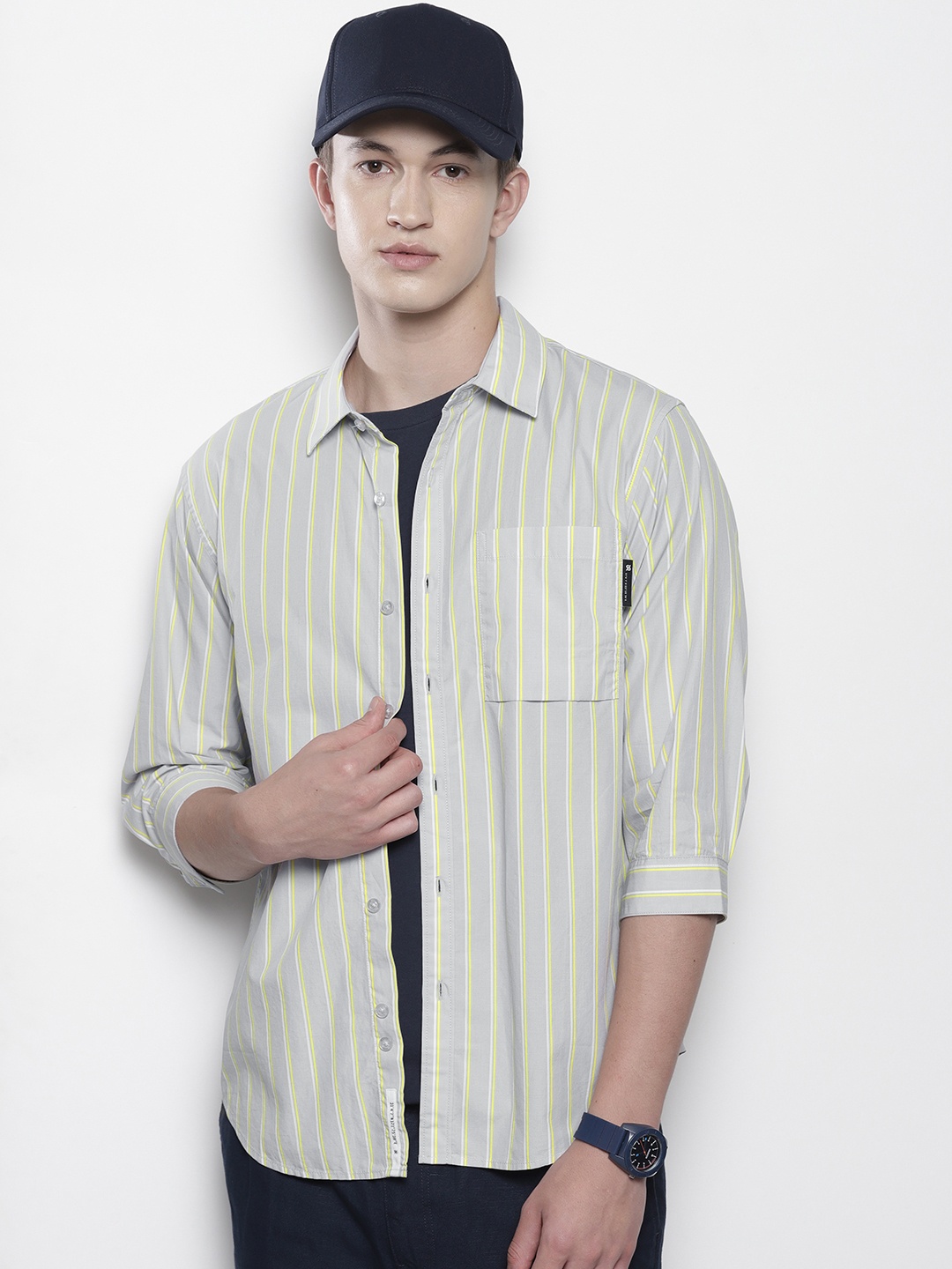 

SEMIR Men Striped Pure Cotton Casual Shirt, Grey