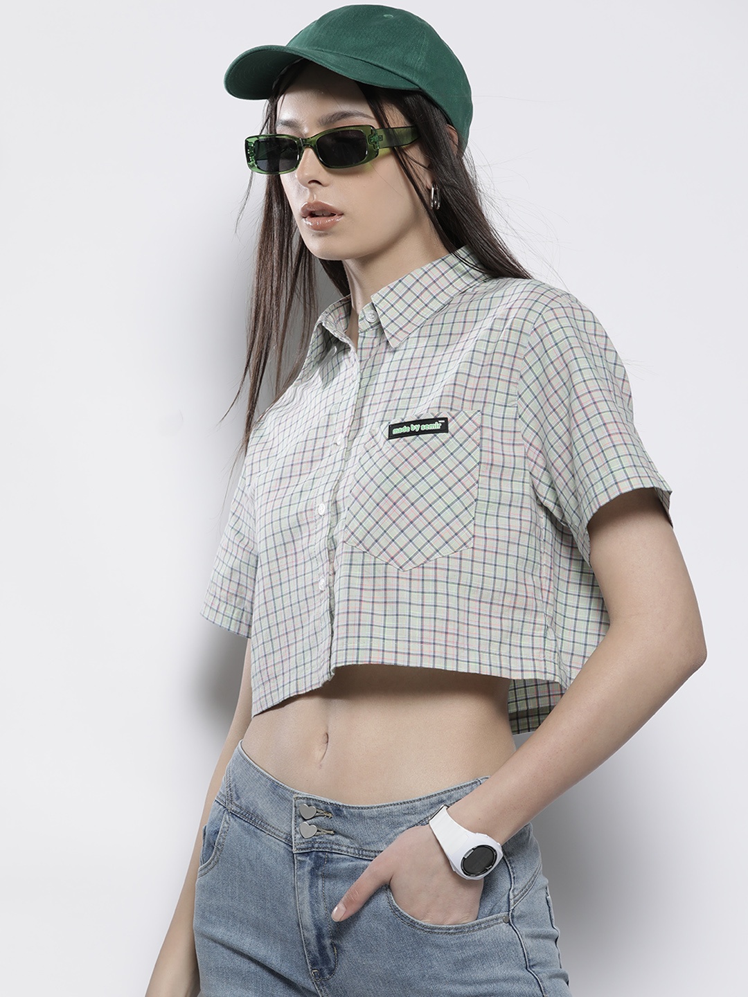 

SEMIR Women Tartan Checked Crop Casual Shirt, Green