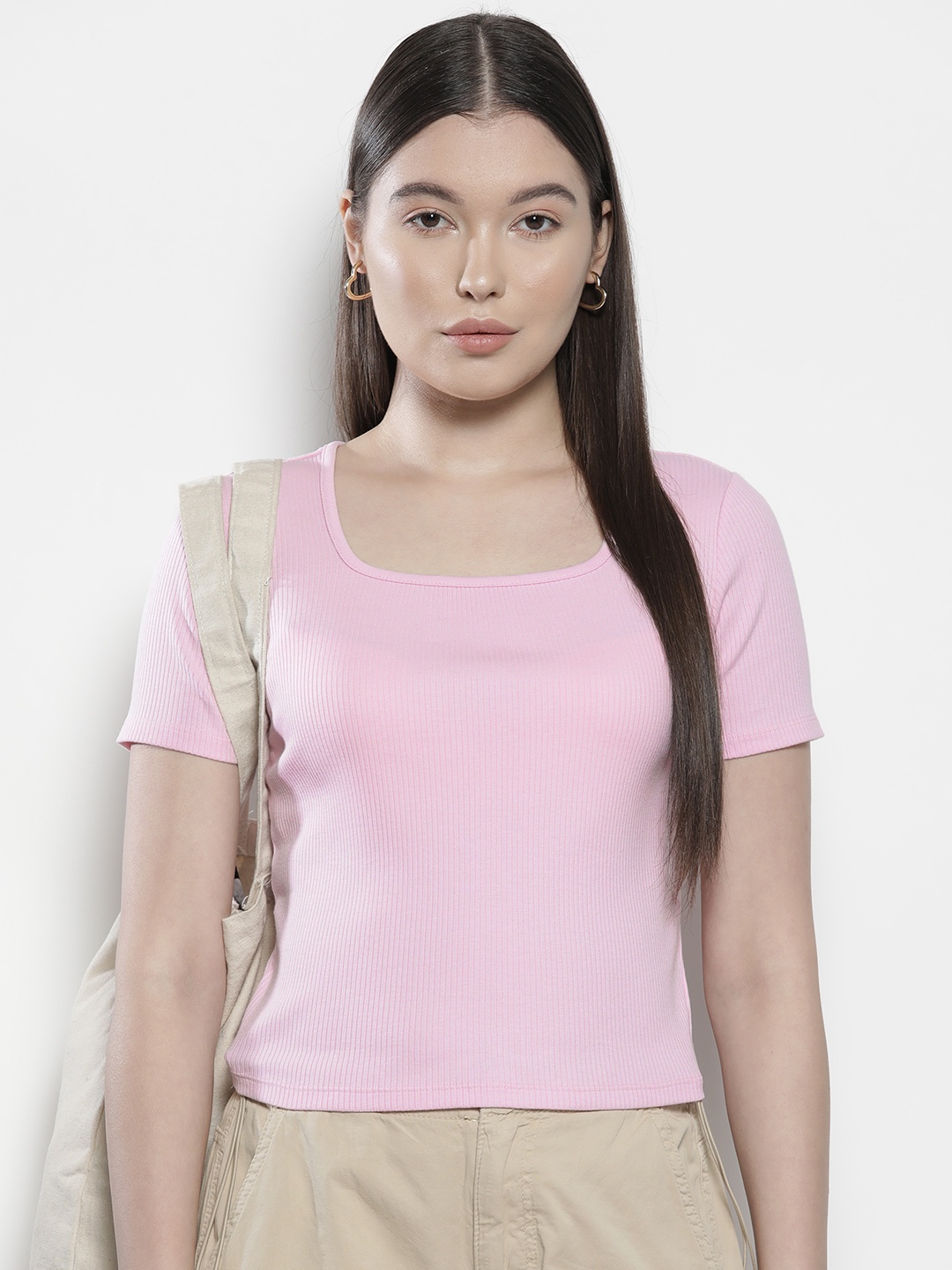 

SEMIR Ribbed Detail Square Neck Regular Top, Pink