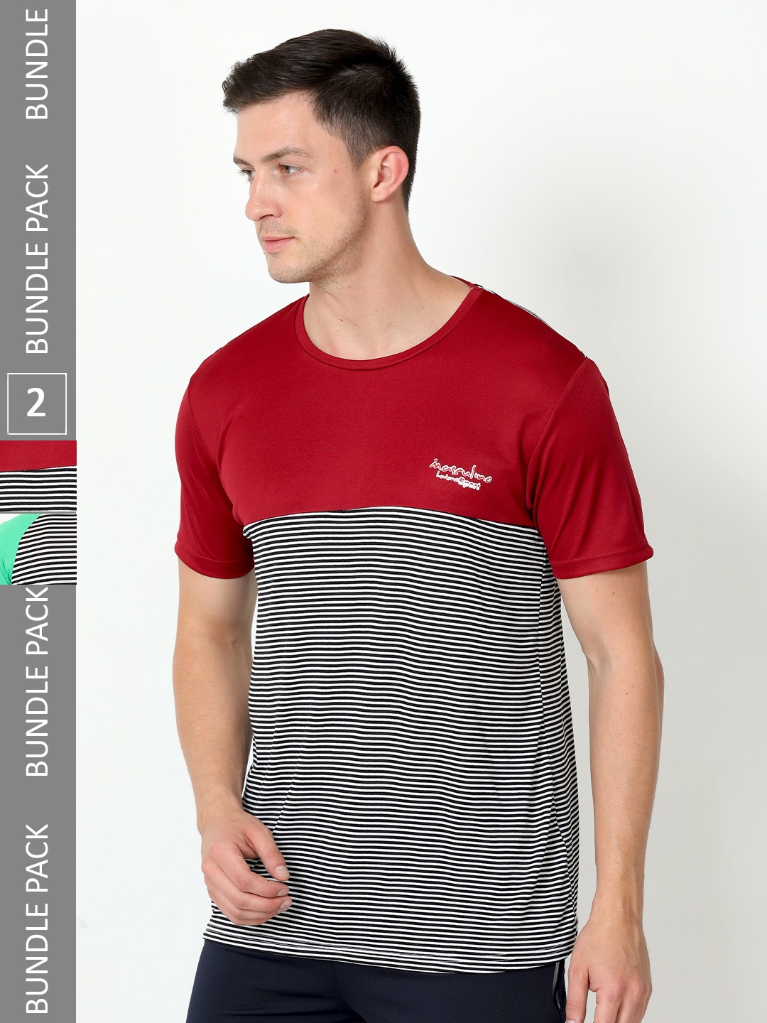 

Masculino Latino Pack Of 2 Striped Round Neck T-shirt, Maroon