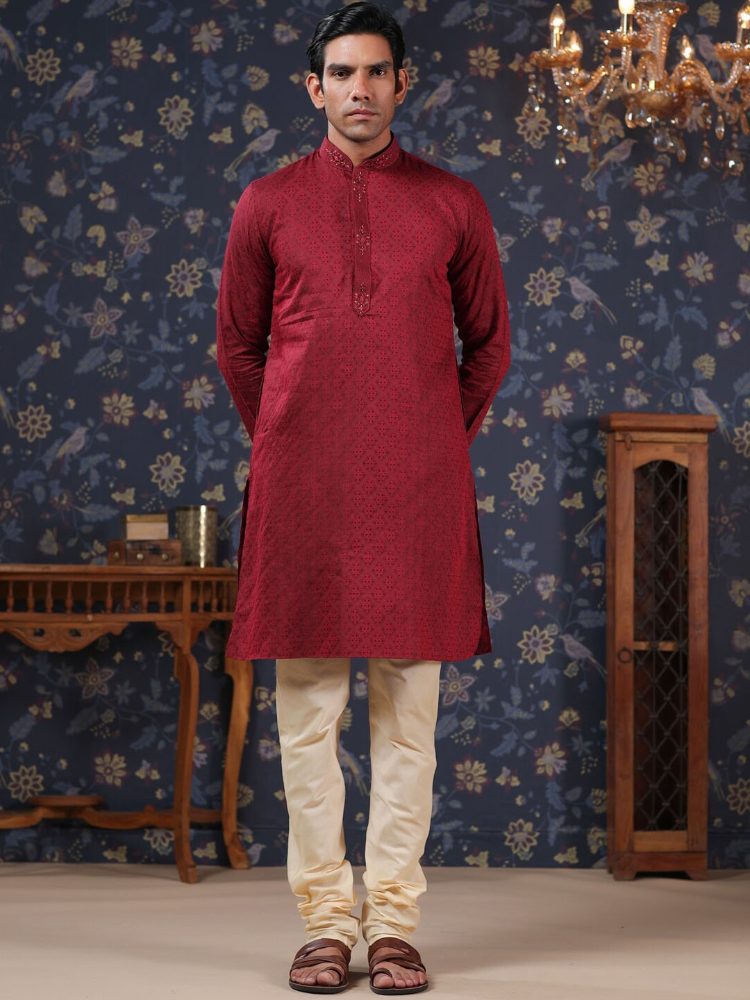 

House of Pataudi Woven-Designed Straight Kurta With Churidar, Maroon