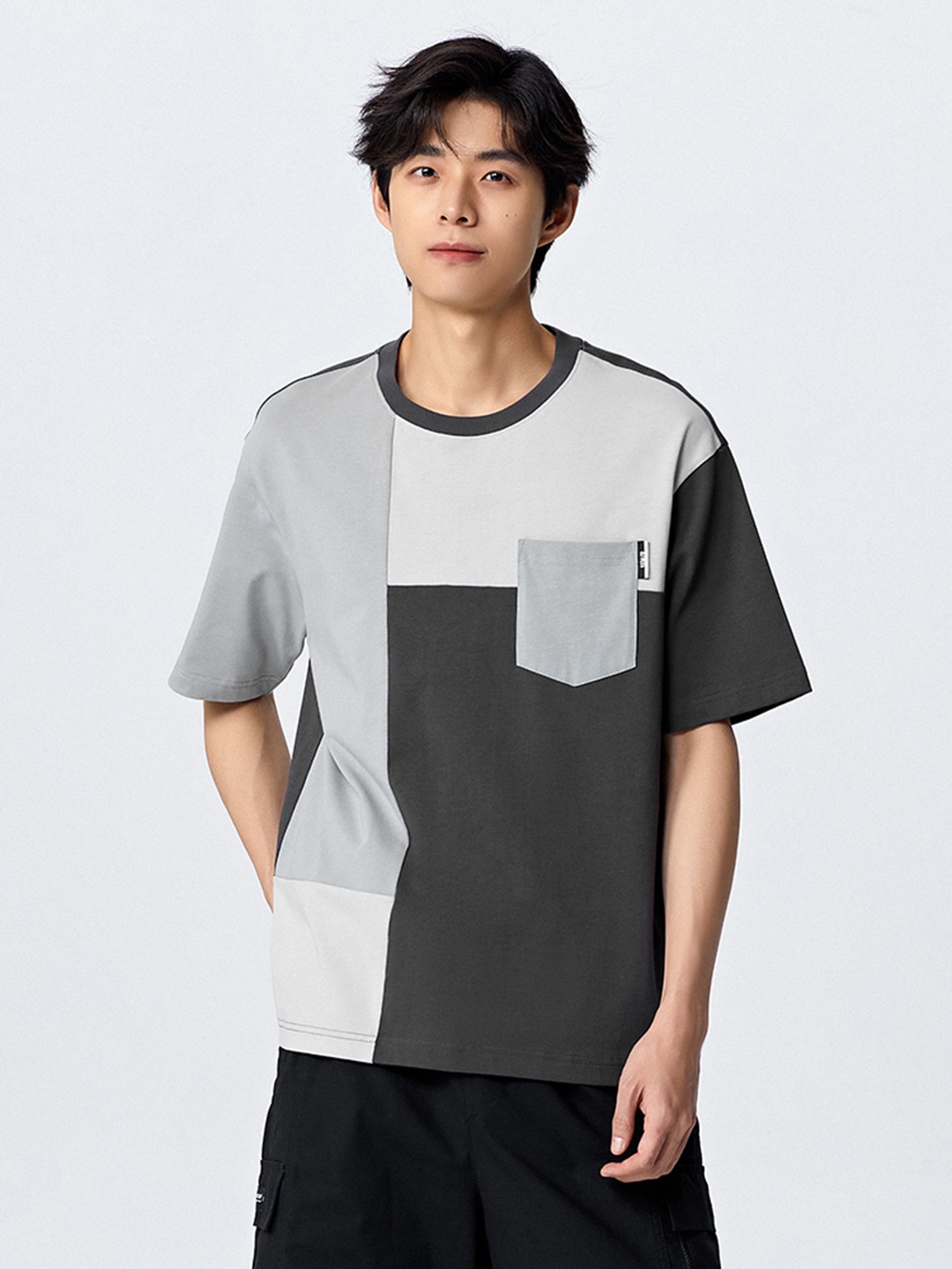 

SEMIR Colourblocked Pure Cotton Relaxed Fit T-shirt, Grey