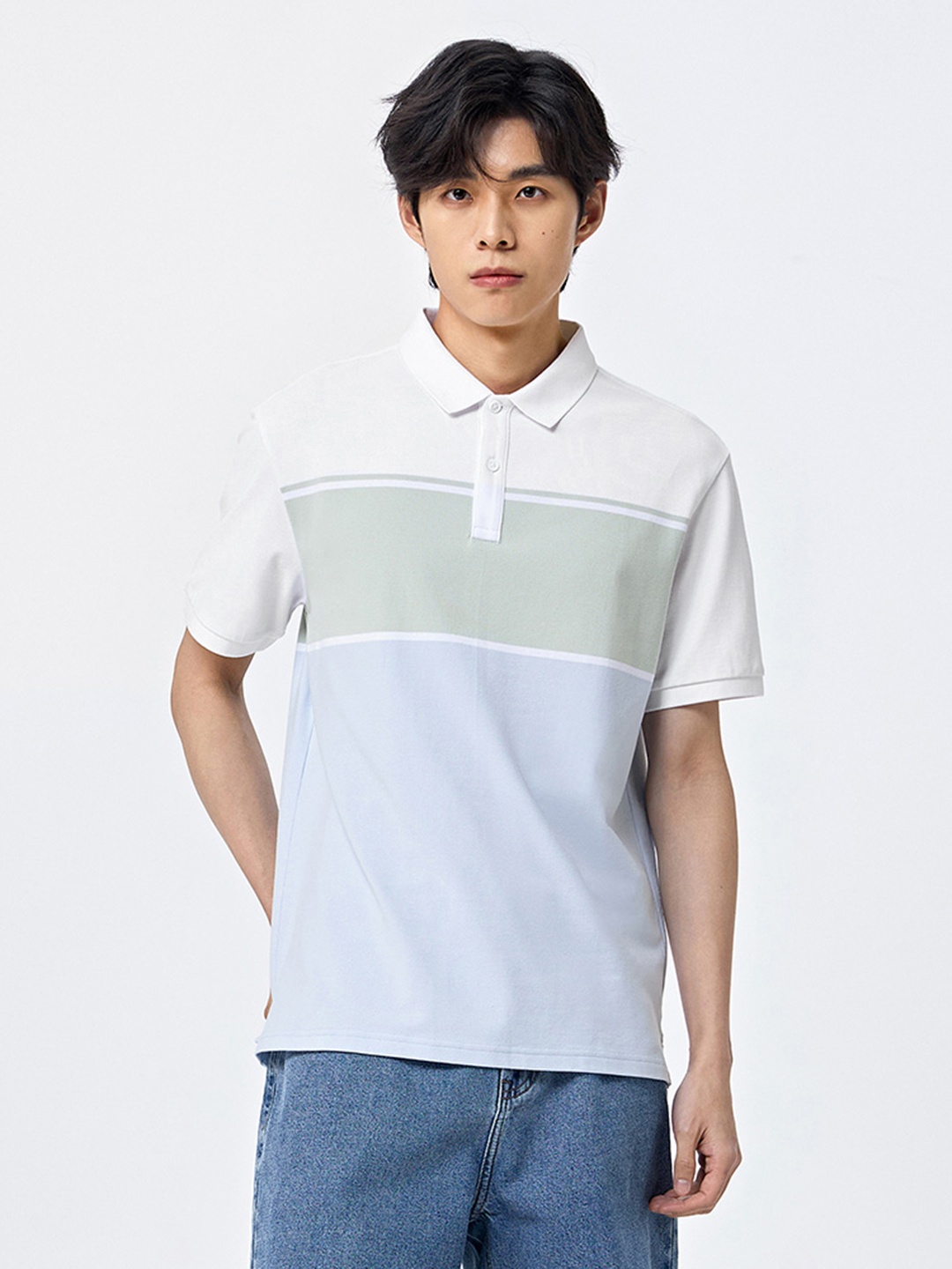 

SEMIR Men Colourblocked Polo Collar Slim Fit T-shirt, White