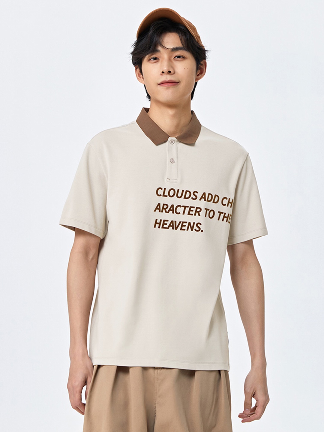 

SEMIR Men Typography Printed Polo Collar Slim Fit T-shirt, Cream