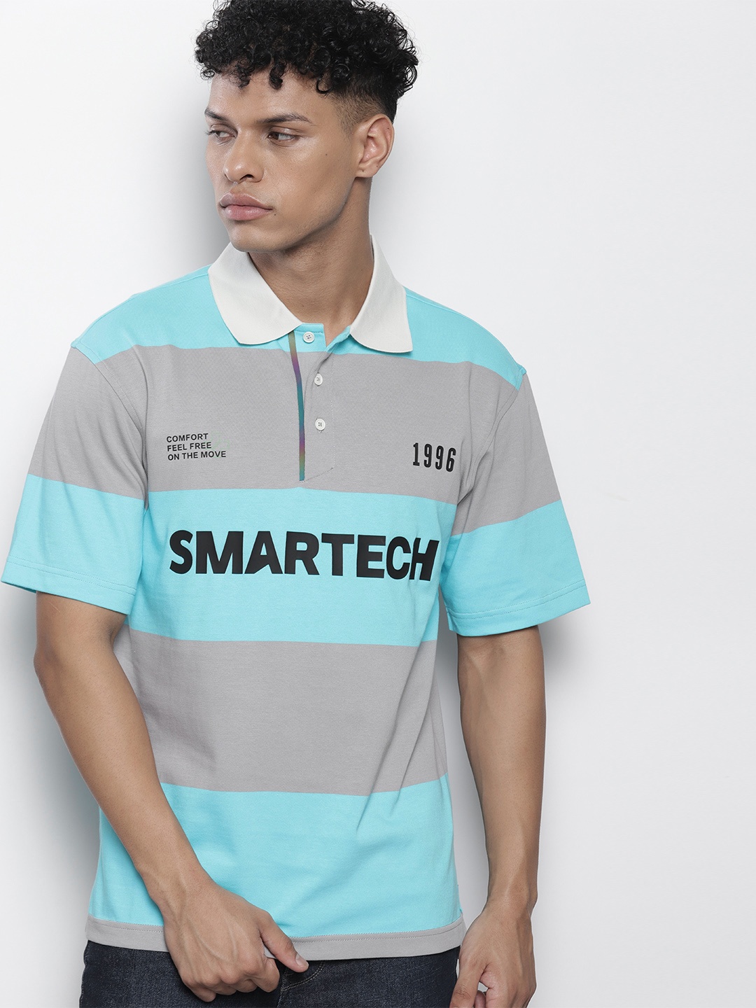 

SEMIR Men Striped Polo Collar Pure Cotton Relaxed Fit T-shirt, Grey