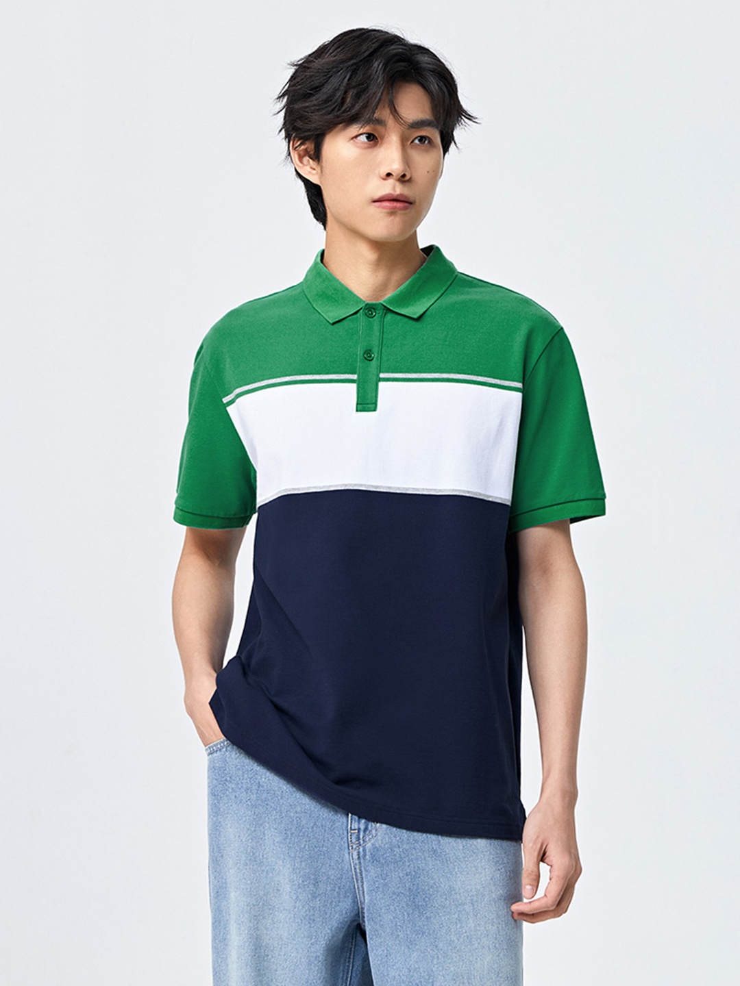 

SEMIR Colourblocked Polo Collar Drop-Shoulder Sleeves T-shirt, Green