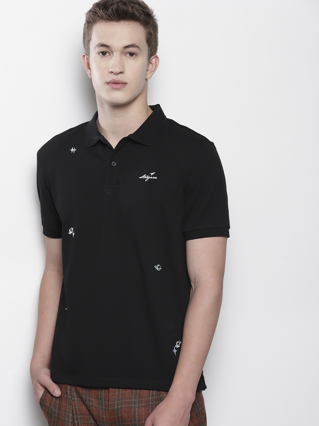 

SEMIR Men Polo Collar Applique Slim Fit T-shirt, Black