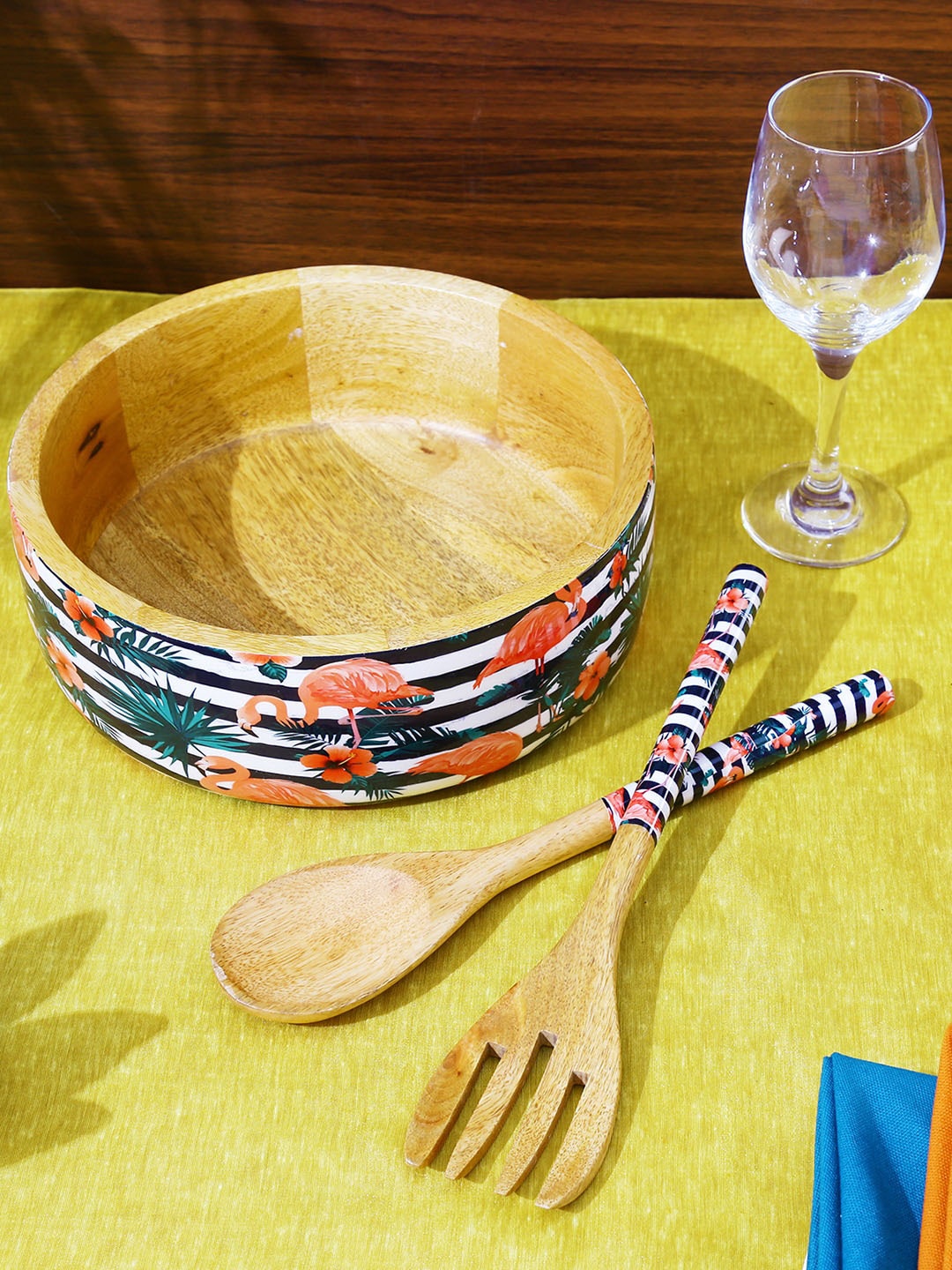 

A Vintage Affair- Home Decor Brown & White Printed Wooden Bowl With 2 Servers