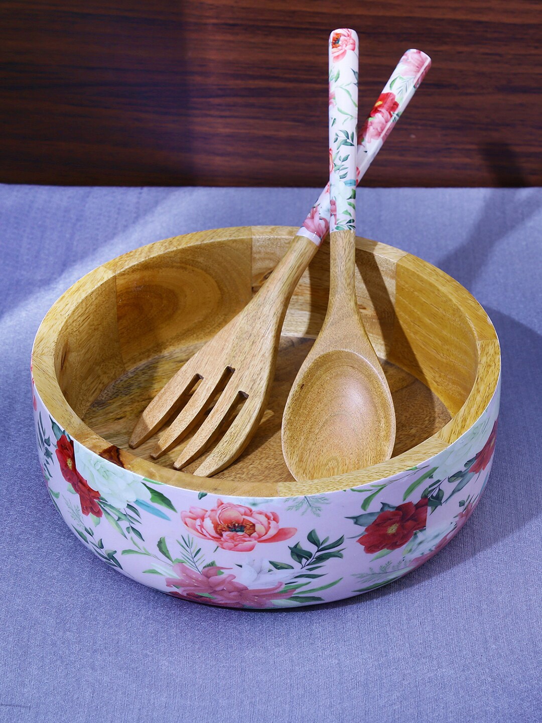 

A Vintage Affair- Home Decor Brown & White Printed Wooden Bowl With 2 Servers