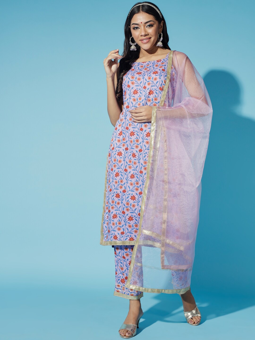 

Myshka Floral Printed Regular Gotta Patti Kurti with Trousers & Dupatta, Lavender