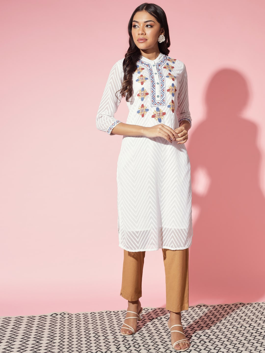 

Myshka Woven Design Thread Work Kurta, White