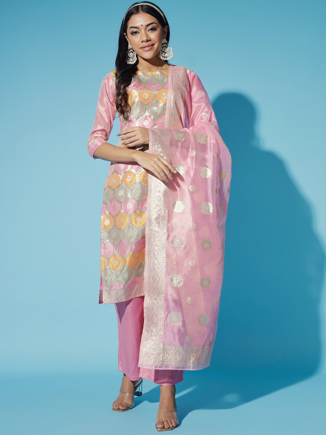 

Myshka Shantoon Regular Silk Kurti with Trousers & With Dupatta, Pink