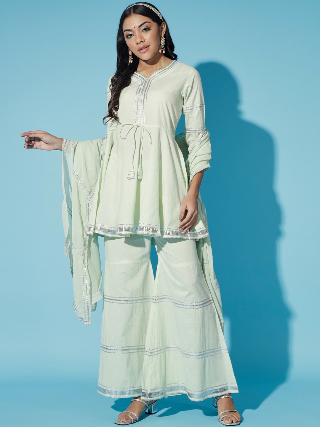 

Myshka Gotta Patti Pure Cotton Kurta with Sharara & Dupatta, Green