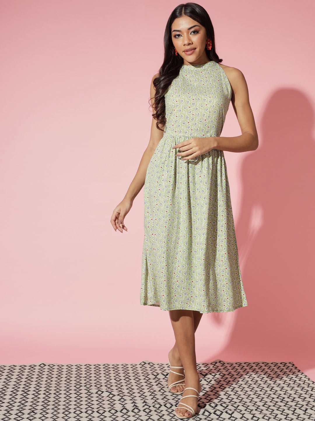 

Myshka Ethnic Motifs Printed Fit & Flare Midi Dress, Sea green