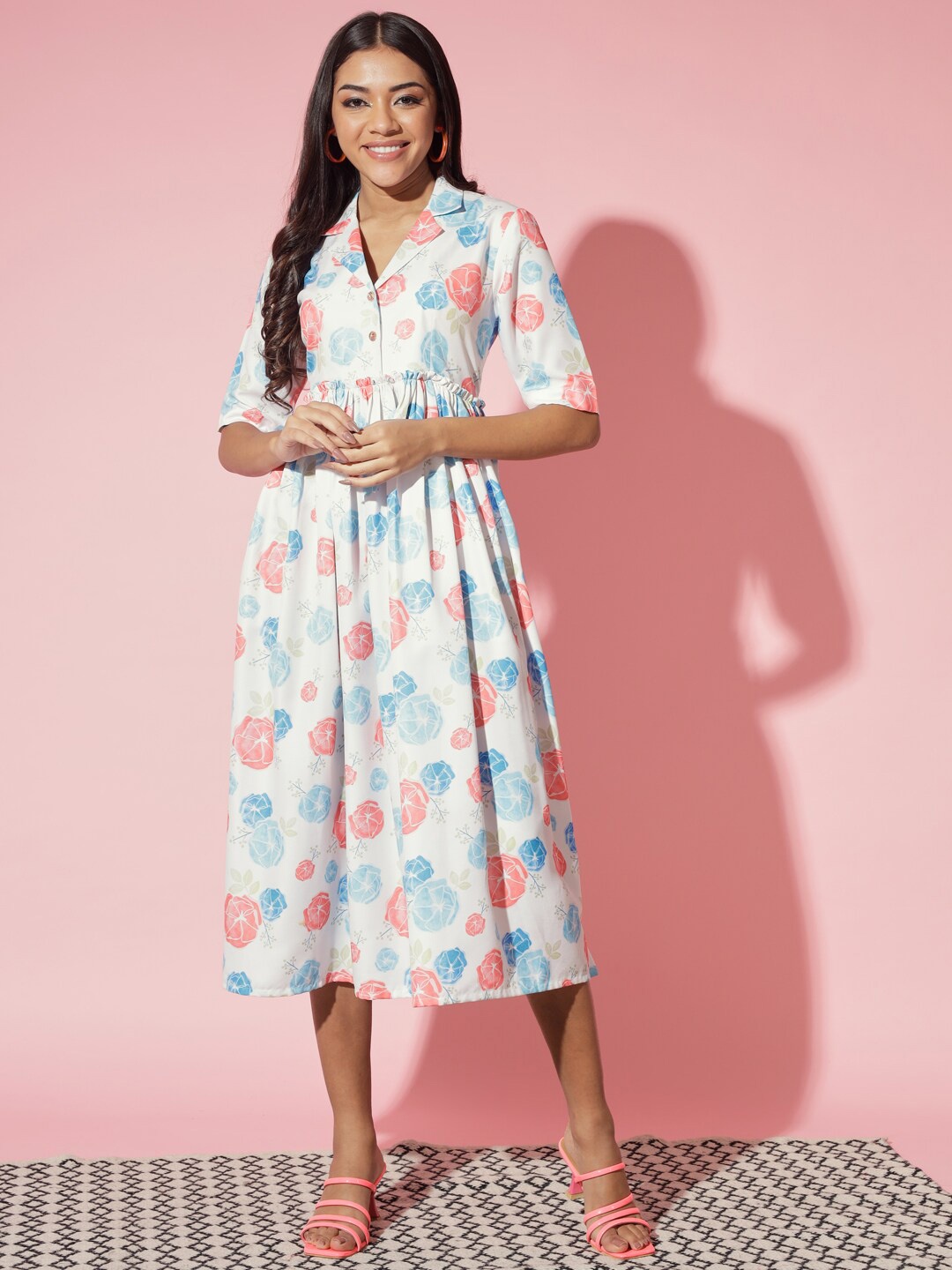 

Myshka Floral Print Fit & Flare Midi Dress, White