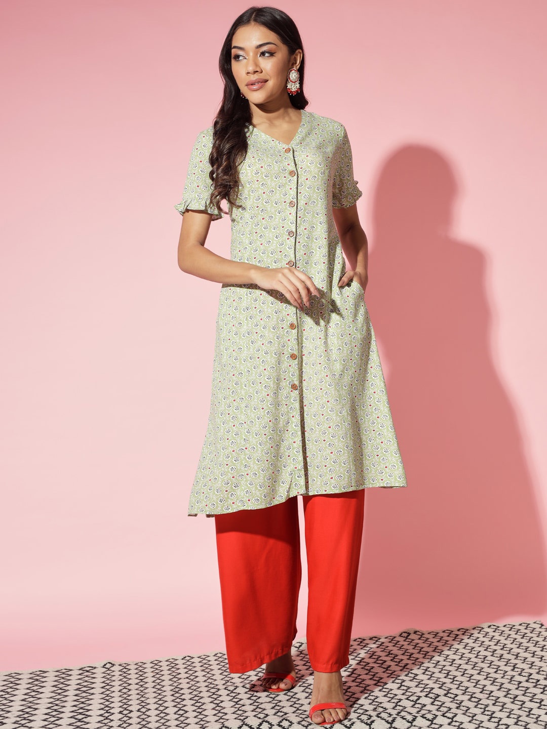 

Myshka Ethnic Motifs Print A-Line Dress, Green