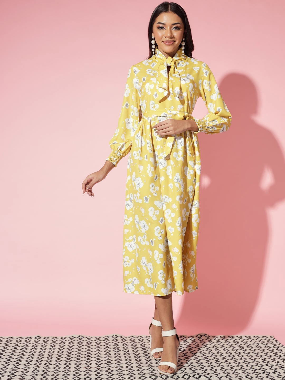 

Myshka Floral Print Tie-Up Neck Fit & Flare Midi Dress, Yellow