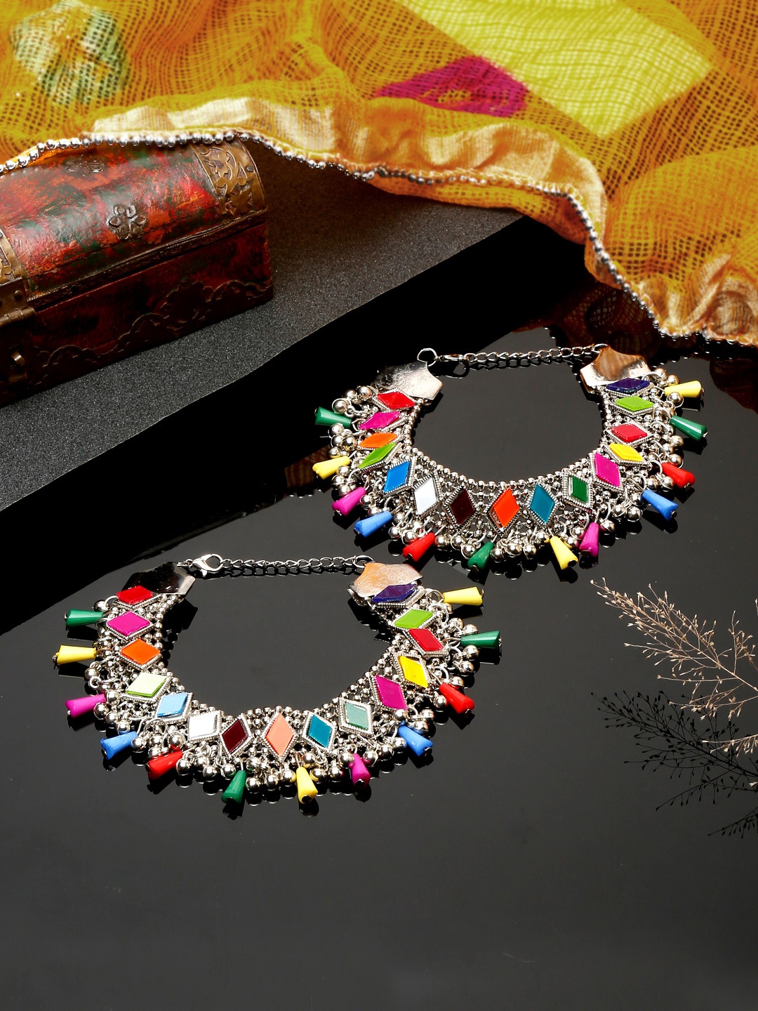 

Sangria Set Of 2 Silver-Plated Stone-Studded & Beaded Anklets