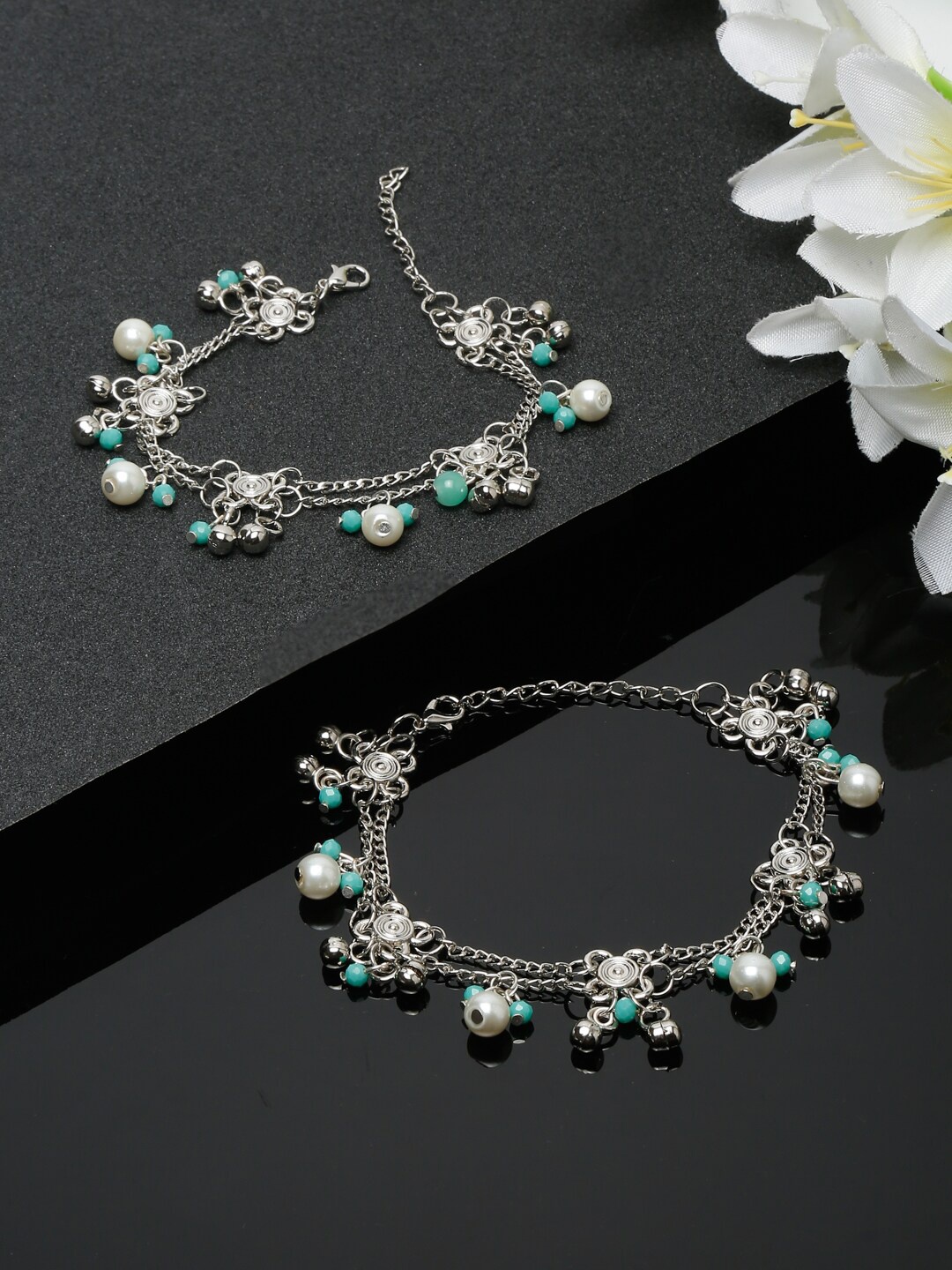 

Sangria Set Of 2 Silver-Plated Beaded Anklets