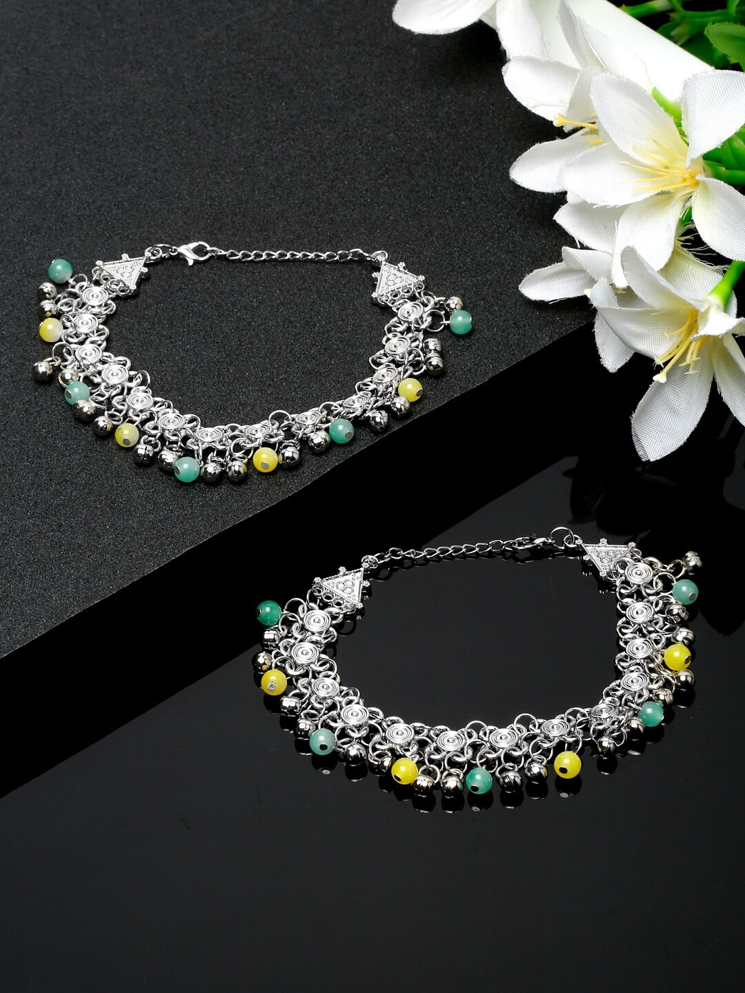 

Sangria Set Of 2 Silver-Plated Beaded Anklets, Sea green