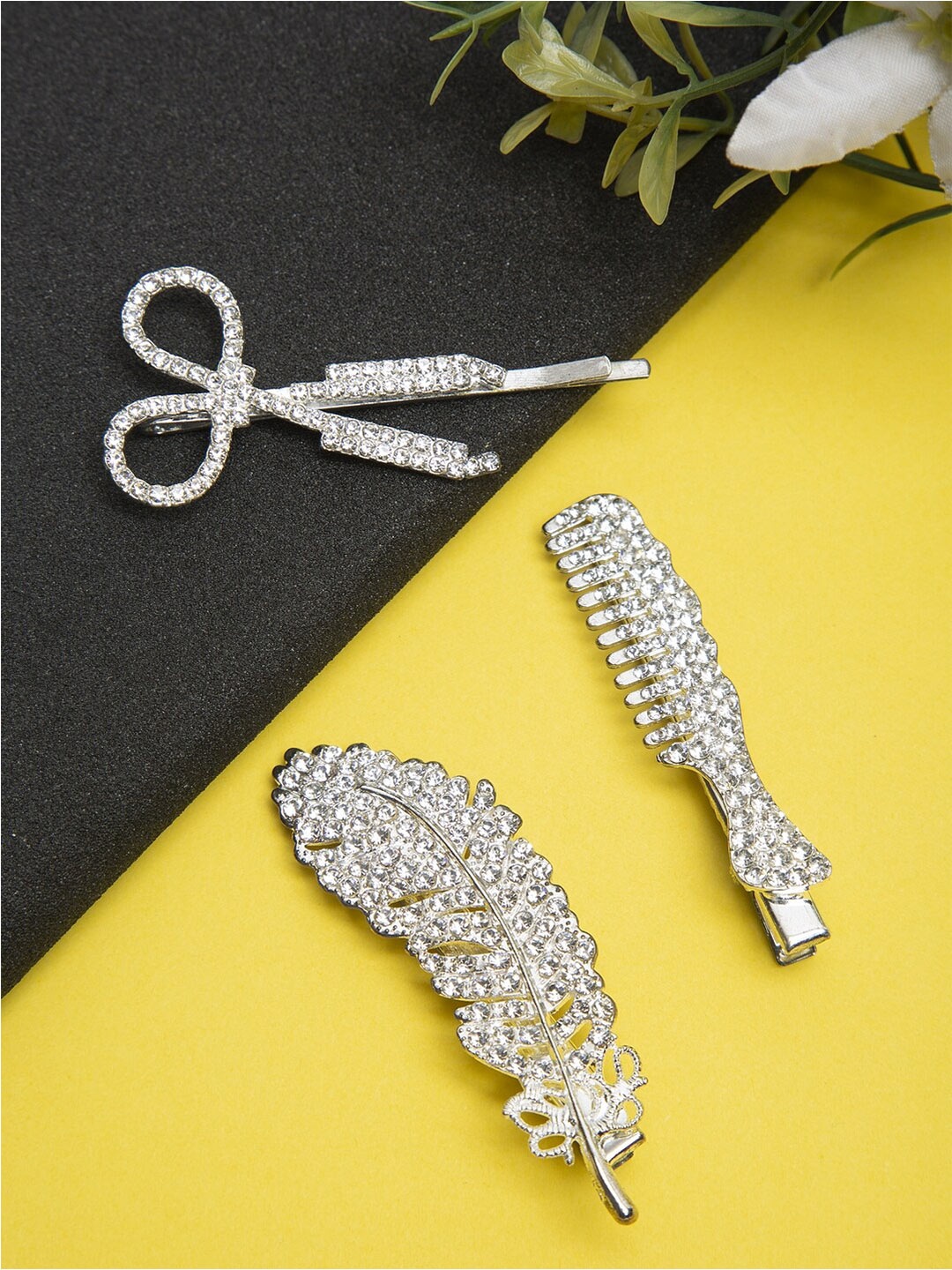 

DressBerry Set of 3 Embellished Alligator Hair Clips & Bobby Pin, Silver